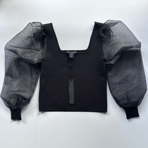 NWT House of Harlow 1960 Black Knit Stretch Sheer Puff Sleeve Top XS - Picture 6 of 8